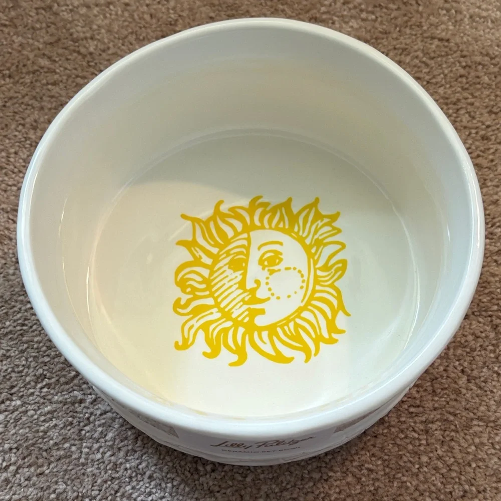 Lilly Pulitzer Pet White Ceramic Bowl with Yellow Sun Motif